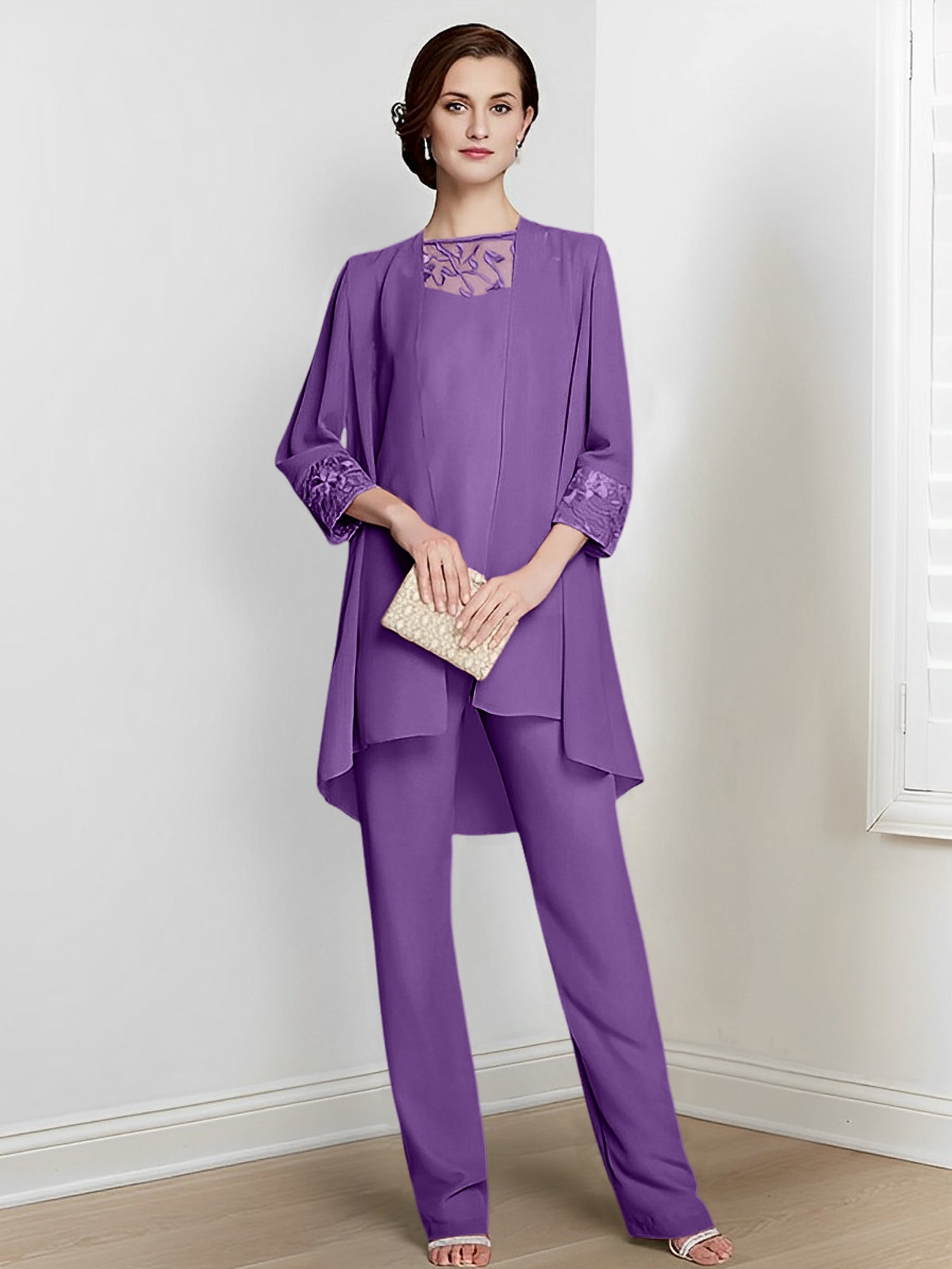 Floor-Length Square Neck Chiffon Pantsuit With Long Sleeves and Jacket for the Mother of the Bride-LLELLA