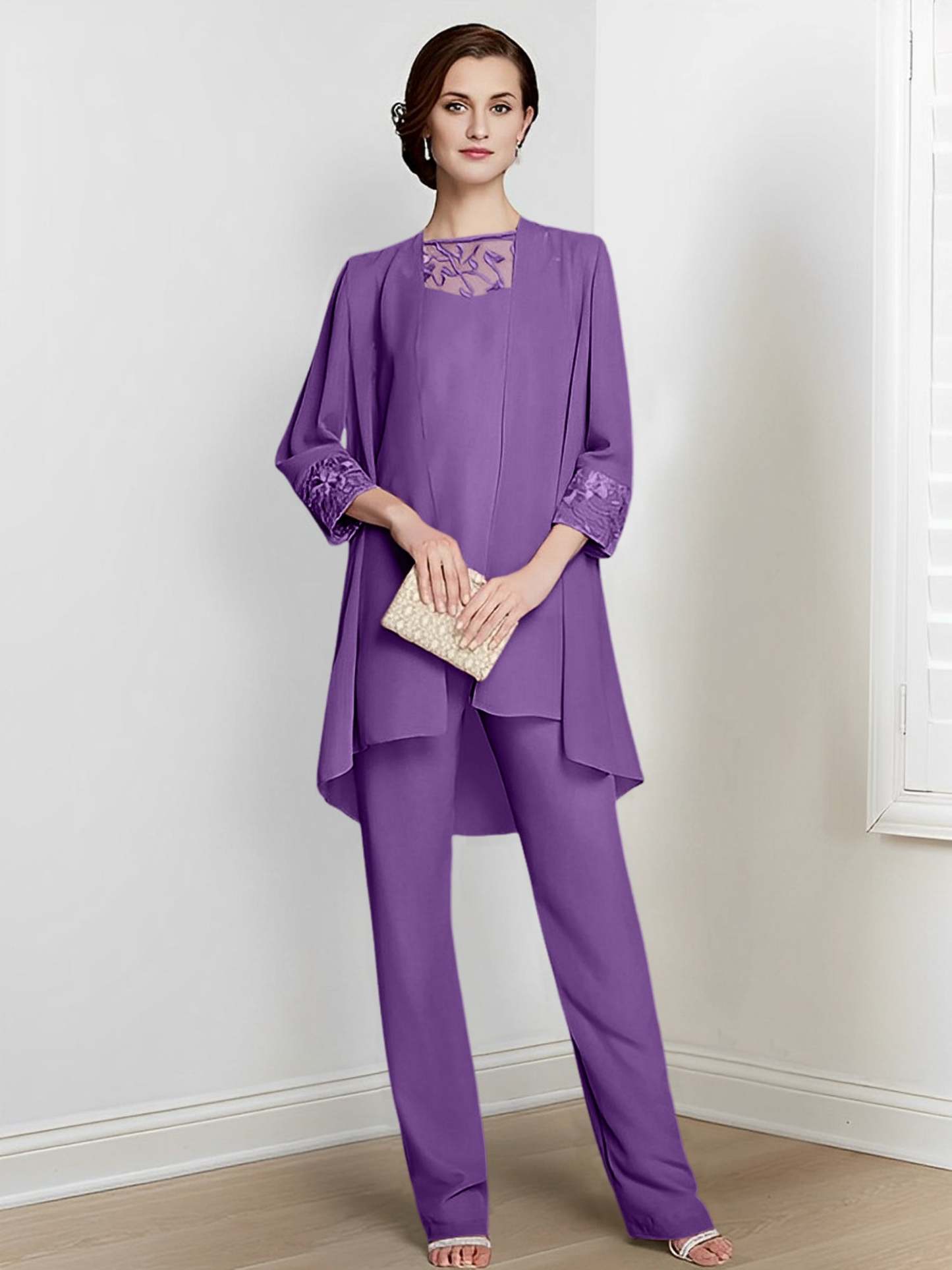 Floor-Length Square Neck Chiffon Pantsuit With Long Sleeves and Jacket for the Mother of the Bride-LLELLA