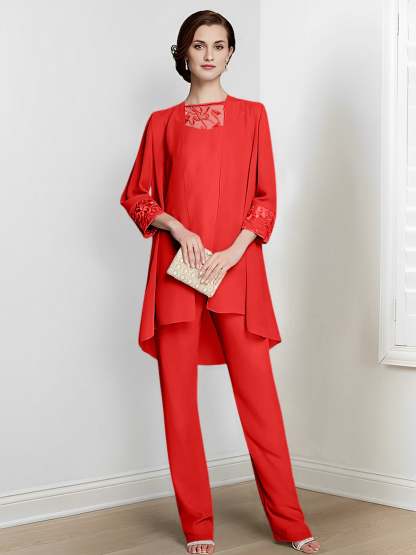 Floor-Length Square Neck Chiffon Pantsuit With Long Sleeves and Jacket for the Mother of the Bride-LLELLA