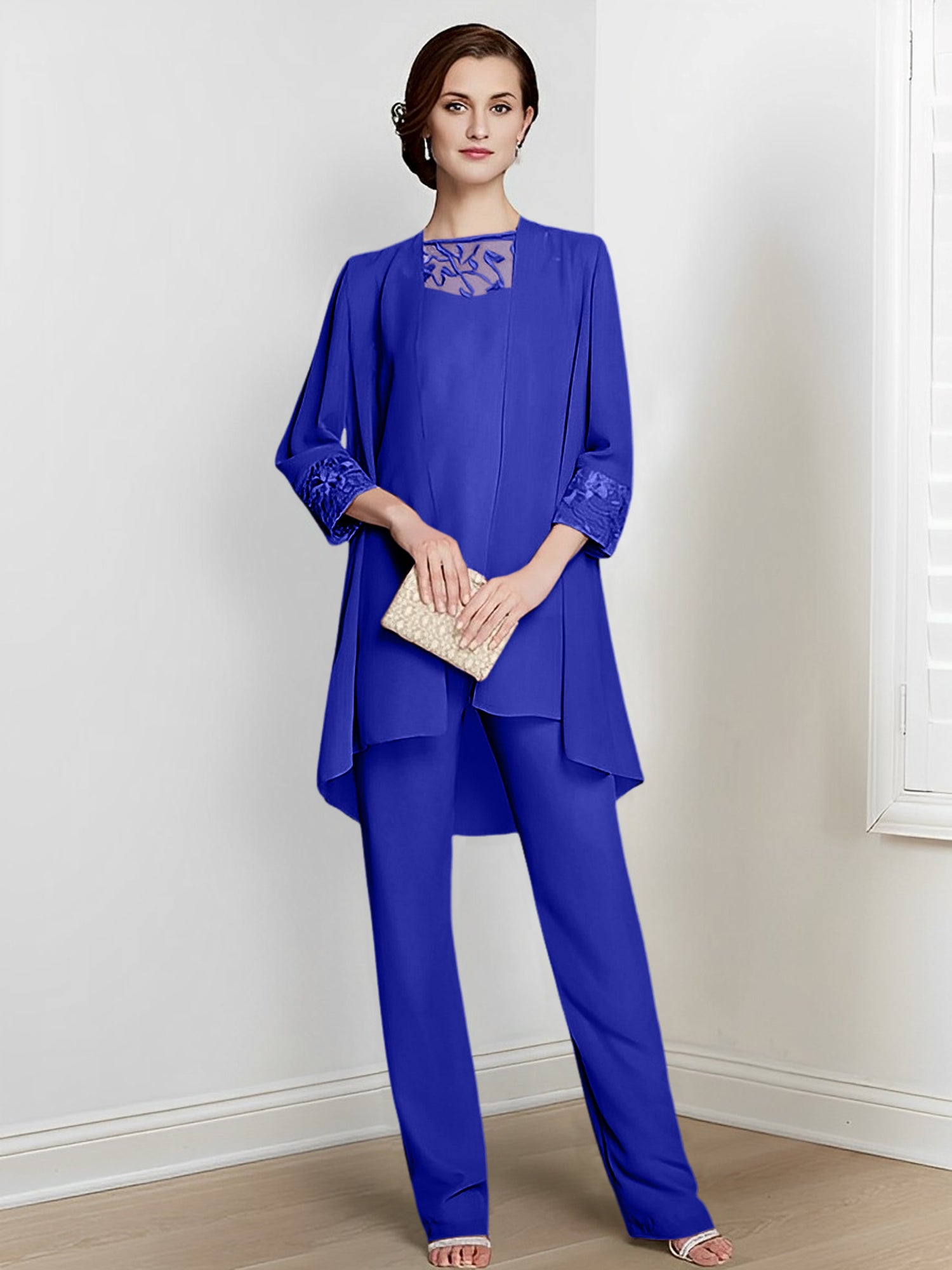 Floor-Length Square Neck Chiffon Pantsuit With Long Sleeves and Jacket for the Mother of the Bride-LLELLA
