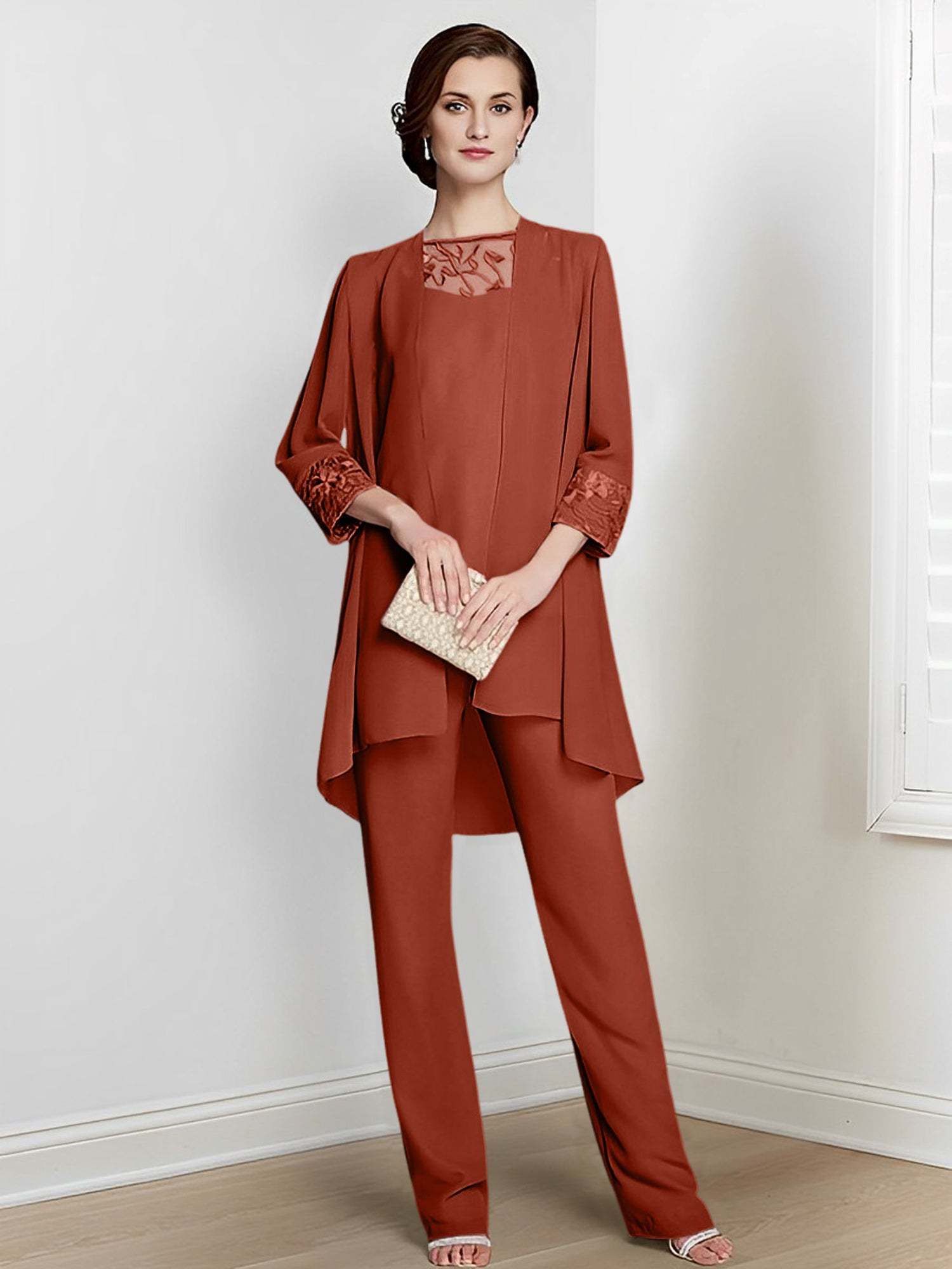 Floor-Length Square Neck Chiffon Pantsuit With Long Sleeves and Jacket for the Mother of the Bride-LLELLA