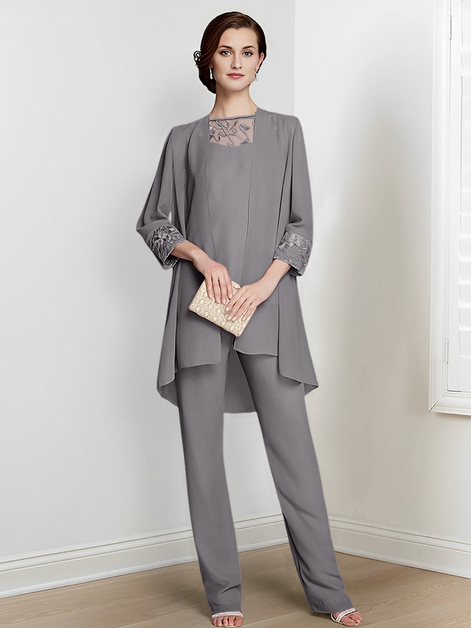Floor-Length Square Neck Chiffon Pantsuit With Long Sleeves and Jacket for the Mother of the Bride-LLELLA