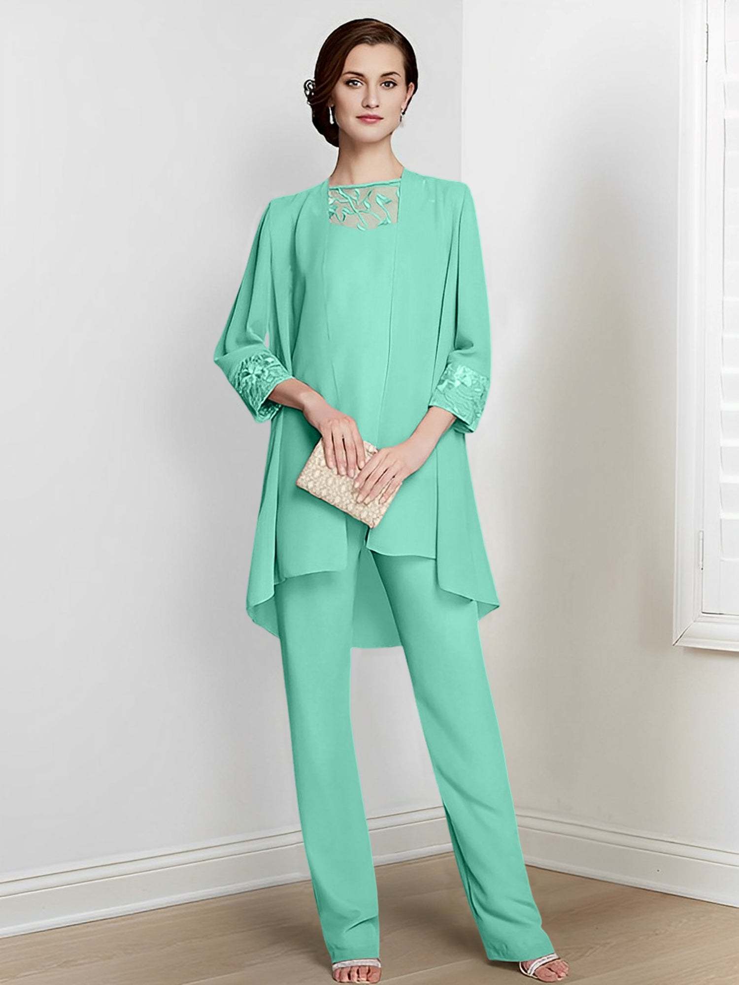 Floor-Length Square Neck Chiffon Pantsuit With Long Sleeves and Jacket for the Mother of the Bride-LLELLA