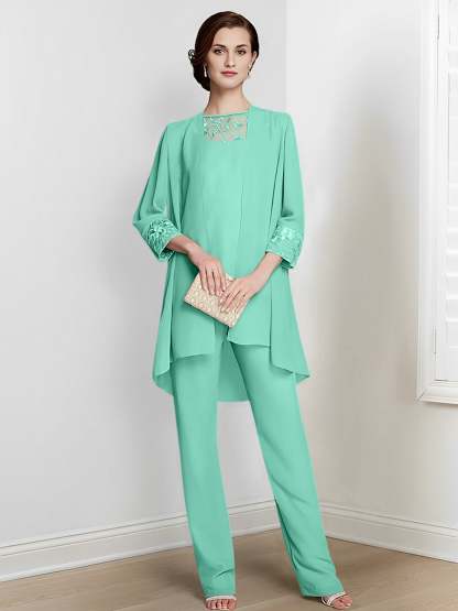 Floor-Length Square Neck Chiffon Pantsuit With Long Sleeves and Jacket for the Mother of the Bride-LLELLA