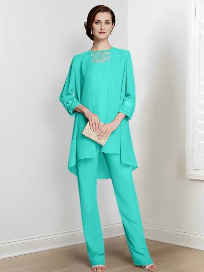 Floor-Length Square Neck Chiffon Pantsuit With Long Sleeves and Jacket for the Mother of the Bride-LLELLA
