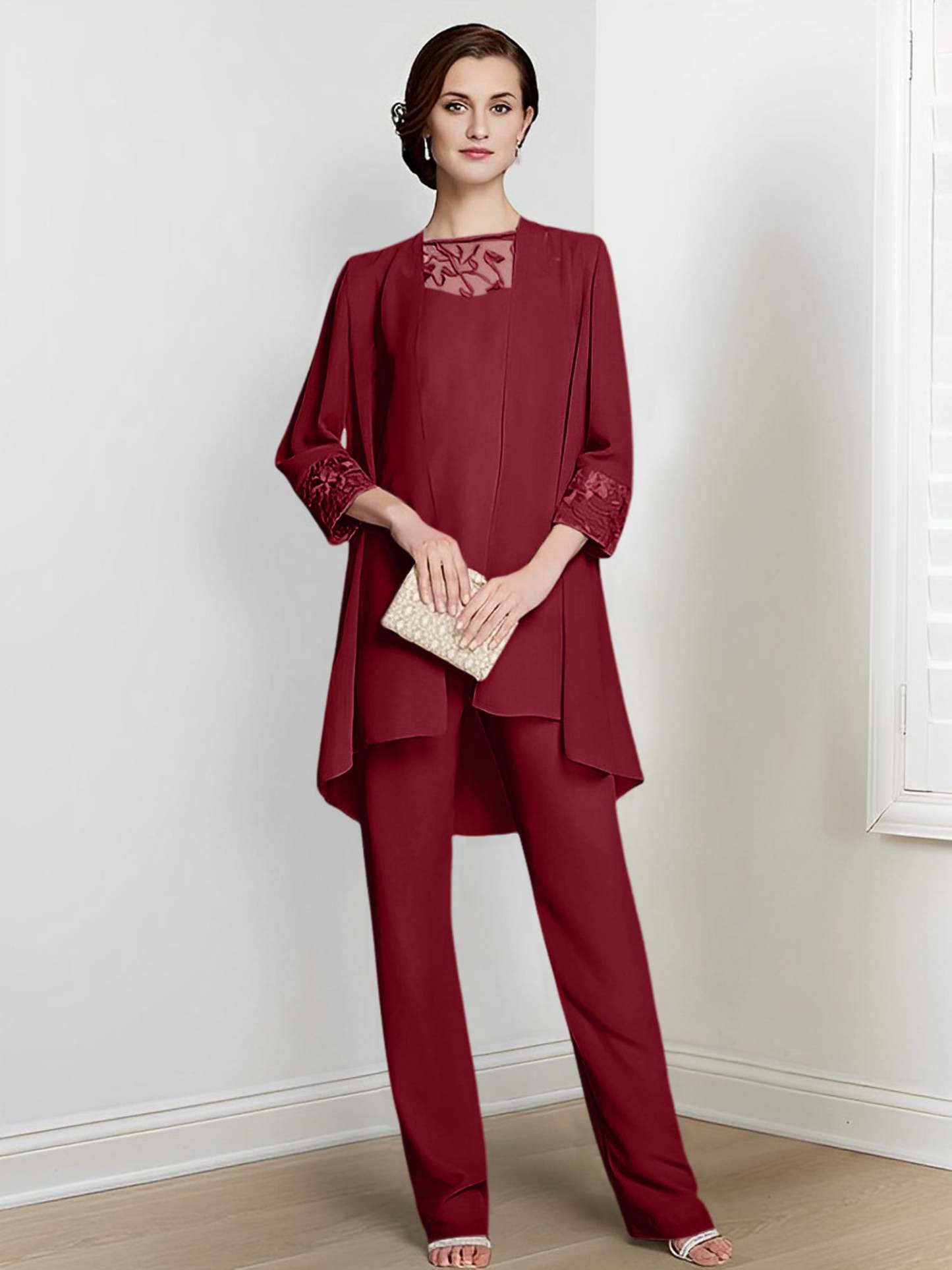 Floor-Length Square Neck Chiffon Pantsuit With Long Sleeves and Jacket for the Mother of the Bride-LLELLA
