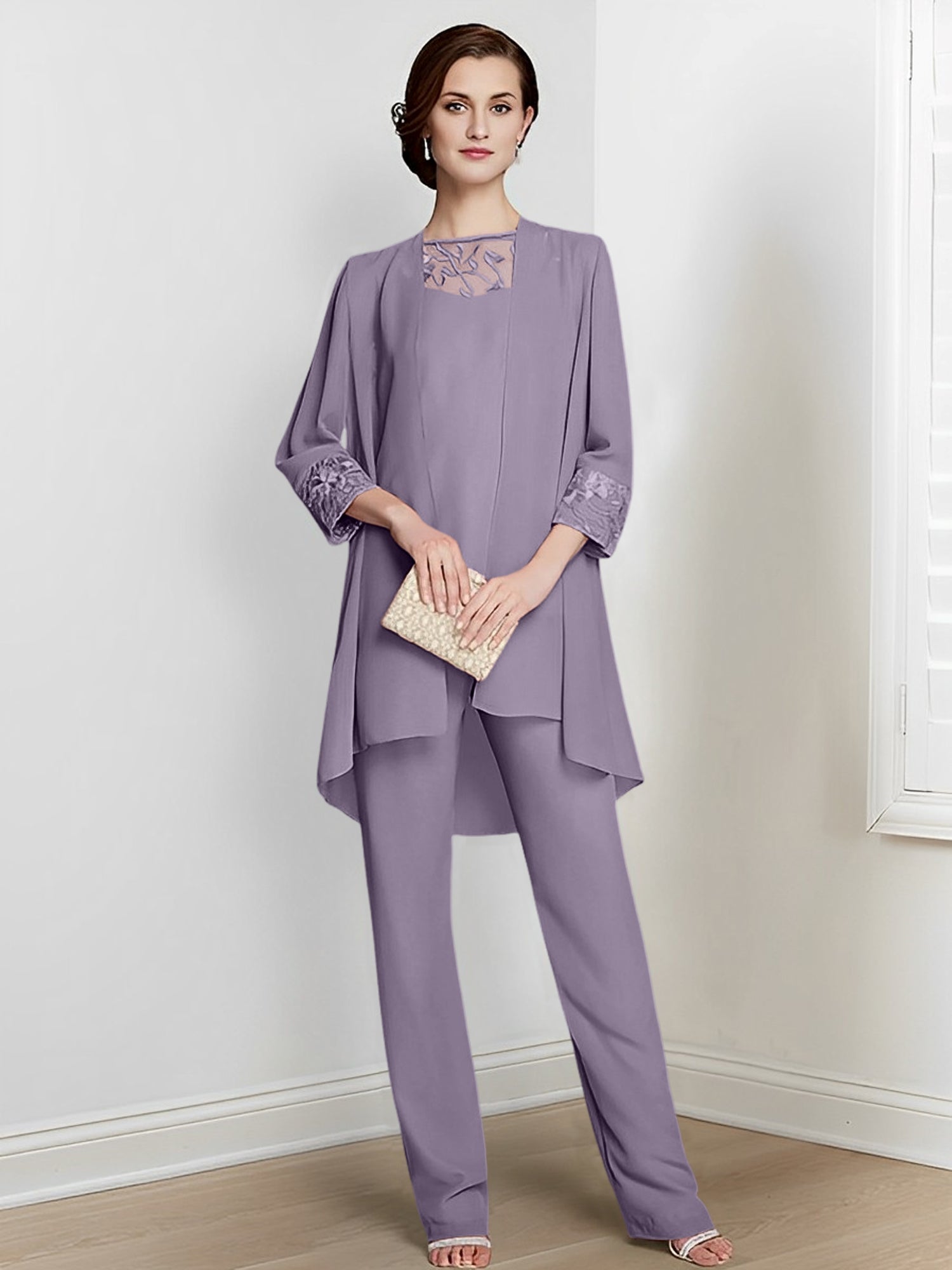 Floor-Length Square Neck Chiffon Pantsuit With Long Sleeves and Jacket for the Mother of the Bride-LLELLA