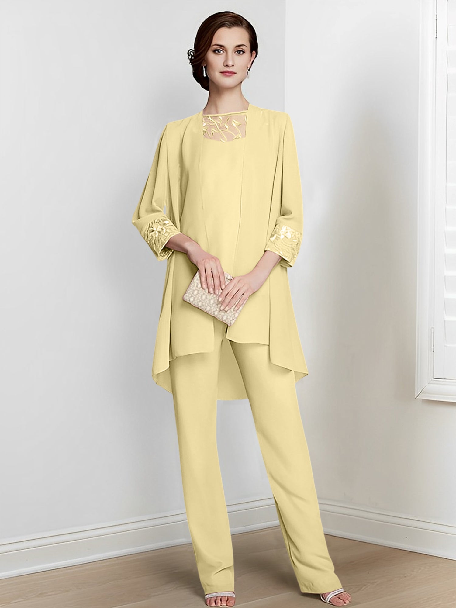Floor-Length Square Neck Chiffon Pantsuit With Long Sleeves and Jacket for the Mother of the Bride-LLELLA