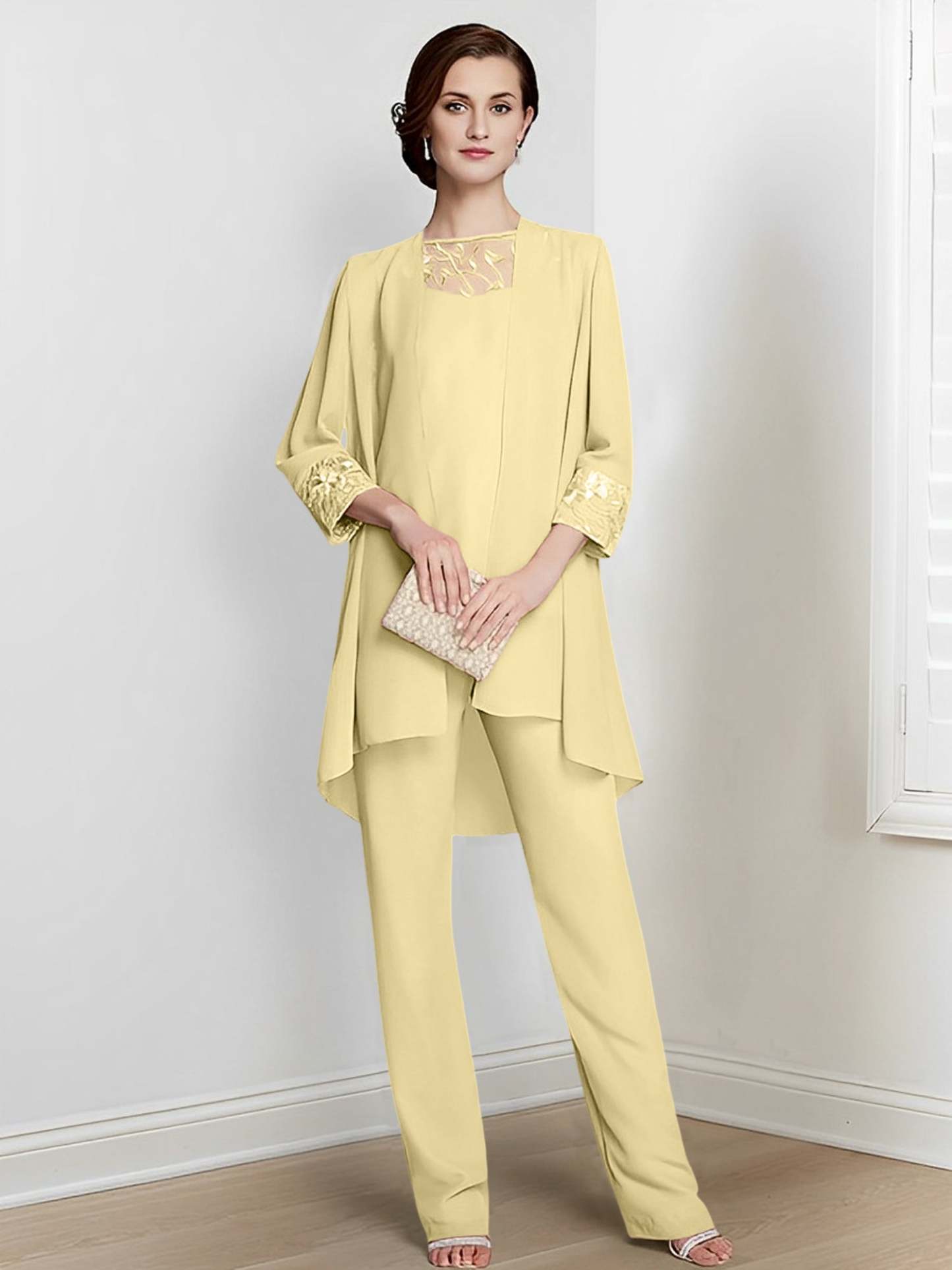 Floor-Length Square Neck Chiffon Pantsuit With Long Sleeves and Jacket for the Mother of the Bride-LLELLA