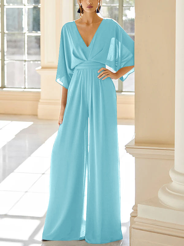 Mother of the Bride V-Neck Chiffon Pantsuit Featuring Pockets-LLELLA