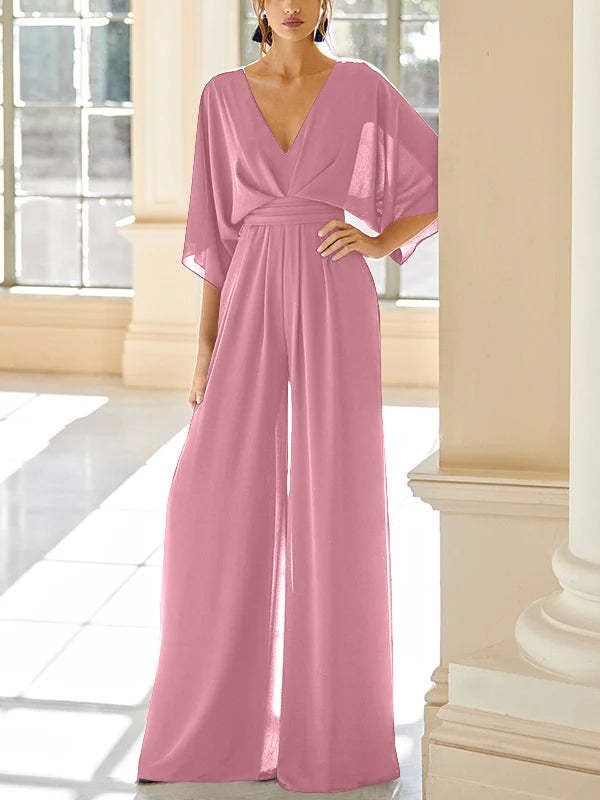 Mother of the Bride V-Neck Chiffon Pantsuit Featuring Pockets-LLELLA