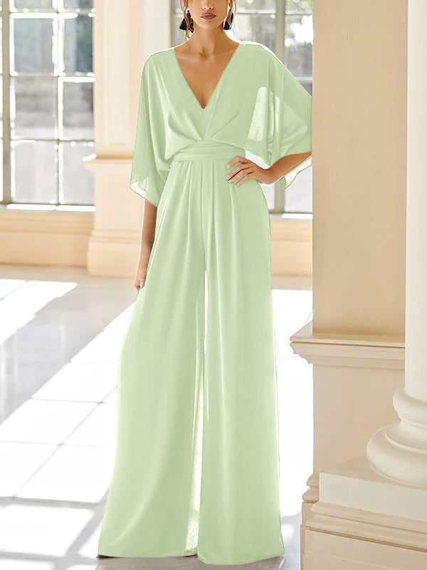 Mother of the Bride V-Neck Chiffon Pantsuit Featuring Pockets-LLELLA