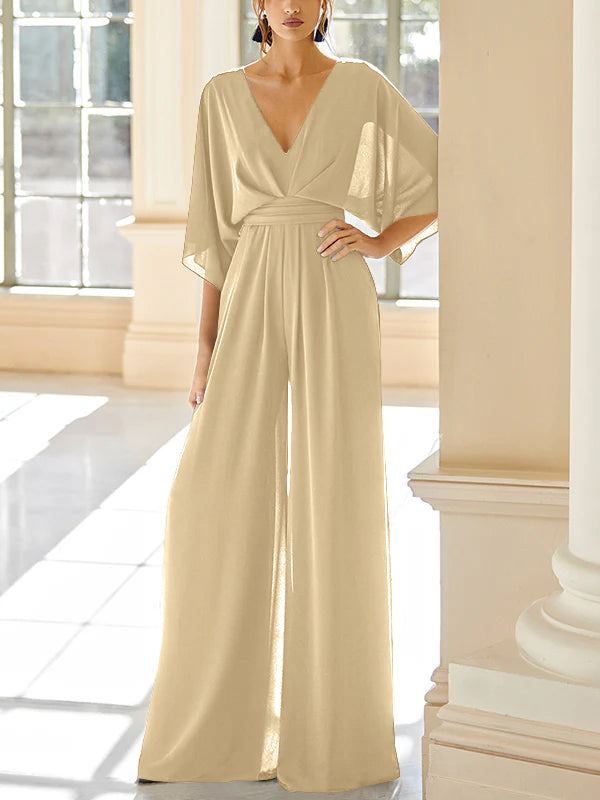 Mother of the Bride V-Neck Chiffon Pantsuit Featuring Pockets-LLELLA