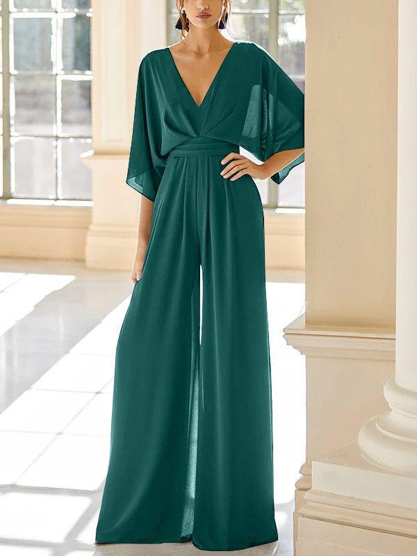 Mother of the Bride V-Neck Chiffon Pantsuit Featuring Pockets-LLELLA