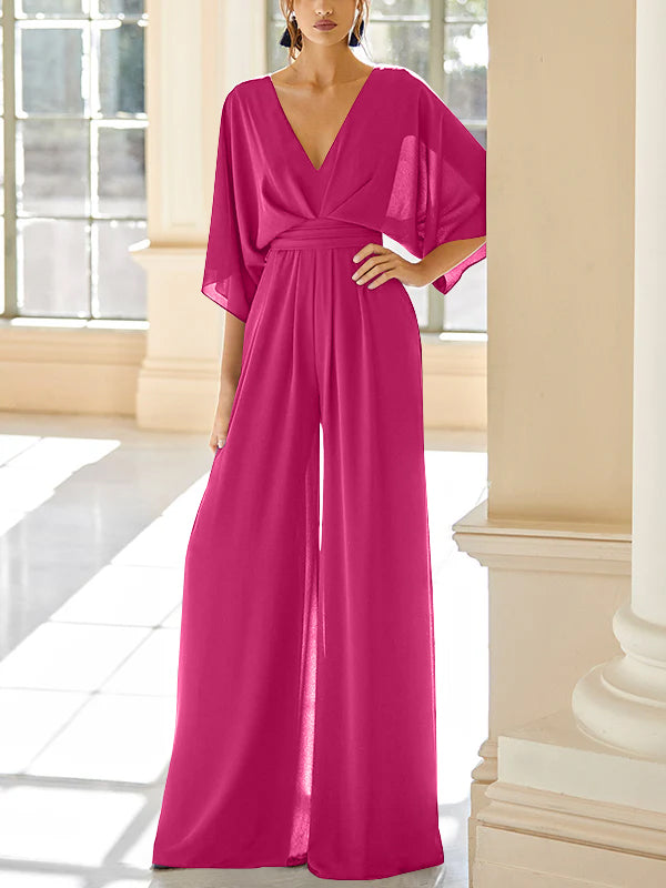 Mother of the Bride V-Neck Chiffon Pantsuit Featuring Pockets-LLELLA