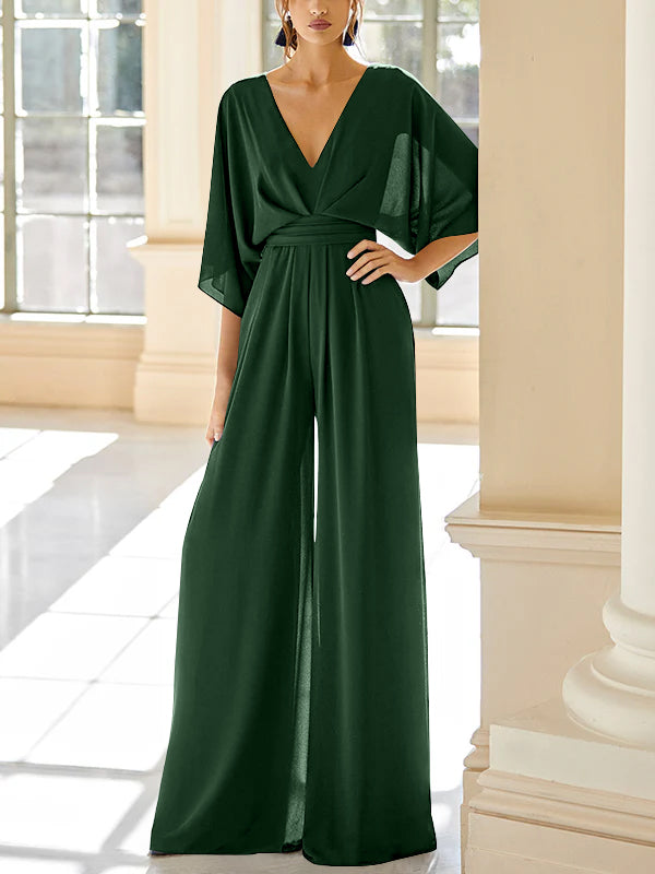 Mother of the Bride V-Neck Chiffon Pantsuit Featuring Pockets-LLELLA