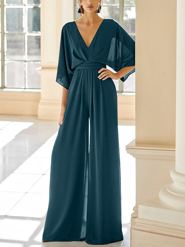 Mother of the Bride V-Neck Chiffon Pantsuit Featuring Pockets-LLELLA