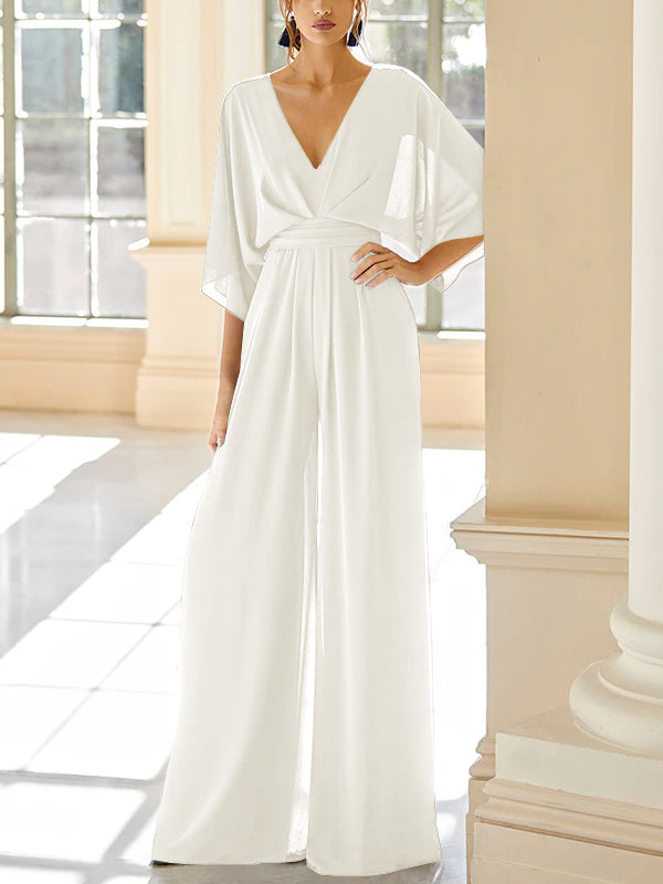 Mother of the Bride V-Neck Chiffon Pantsuit Featuring Pockets-LLELLA