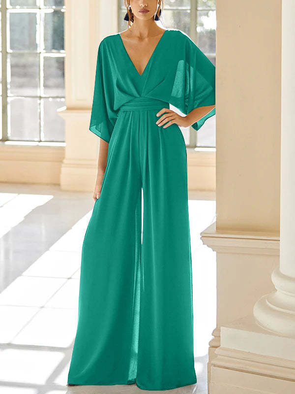 Mother of the Bride V-Neck Chiffon Pantsuit Featuring Pockets-LLELLA