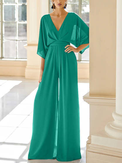 Mother of the Bride V-Neck Chiffon Pantsuit Featuring Pockets-LLELLA