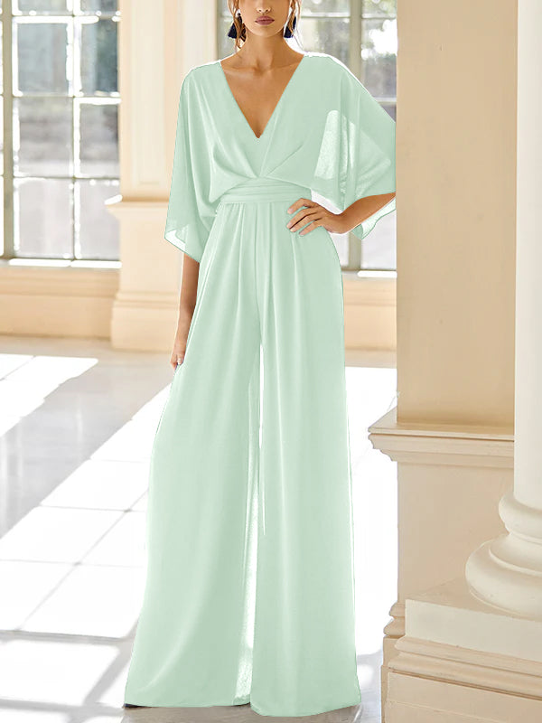 Mother of the Bride V-Neck Chiffon Pantsuit Featuring Pockets-LLELLA