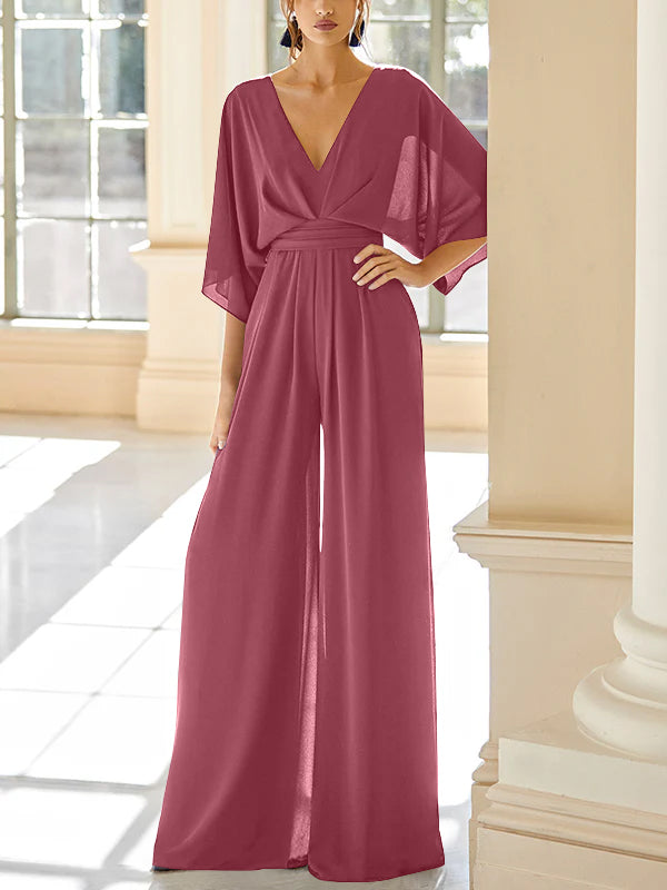 Mother of the Bride V-Neck Chiffon Pantsuit Featuring Pockets-LLELLA