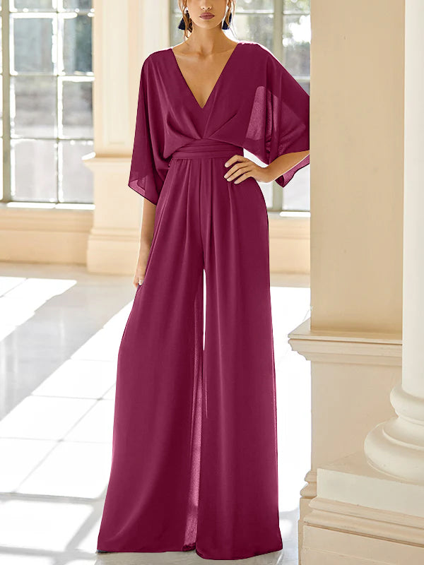 Mother of the Bride V-Neck Chiffon Pantsuit Featuring Pockets-LLELLA