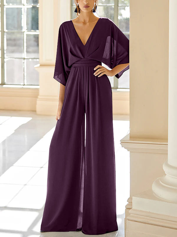 Mother of the Bride V-Neck Chiffon Pantsuit Featuring Pockets-LLELLA
