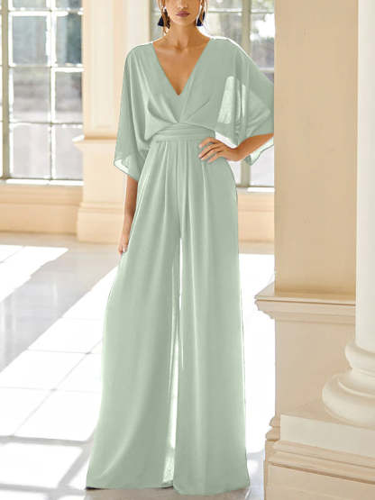 Mother of the Bride V-Neck Chiffon Pantsuit Featuring Pockets-LLELLA