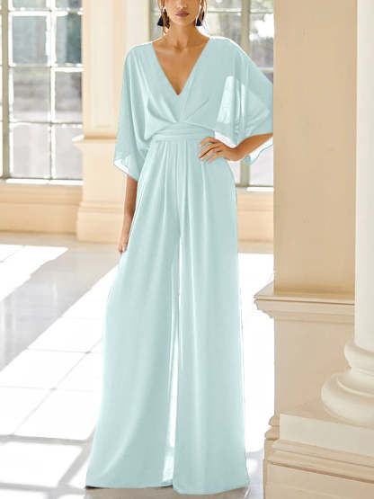 Mother of the Bride V-Neck Chiffon Pantsuit Featuring Pockets-LLELLA