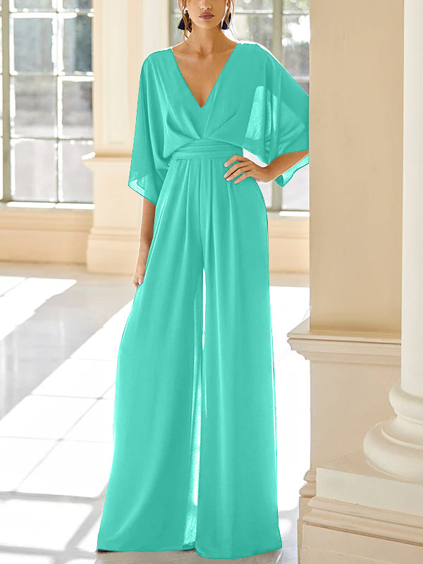 Mother of the Bride V-Neck Chiffon Pantsuit Featuring Pockets-LLELLA