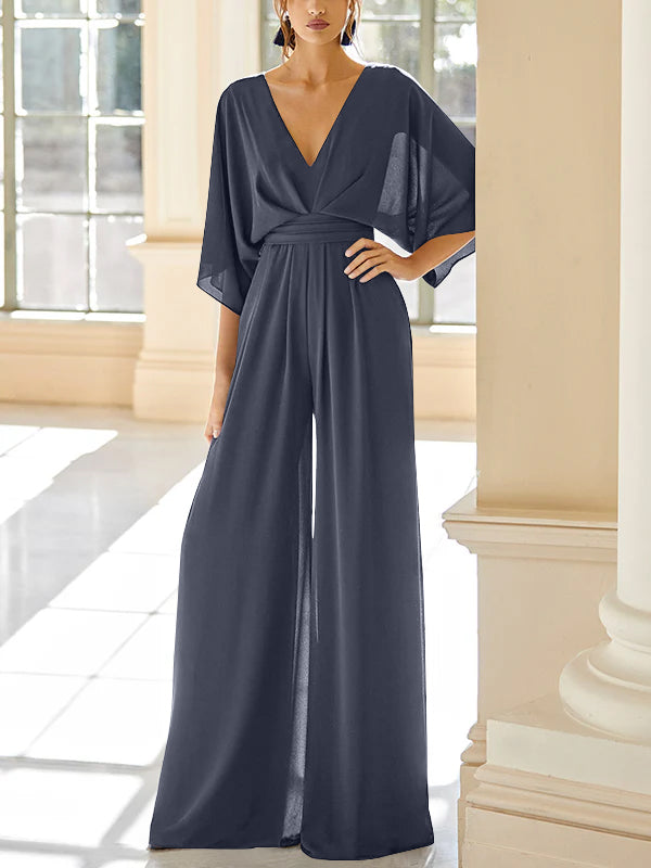 Mother of the Bride V-Neck Chiffon Pantsuit Featuring Pockets-LLELLA