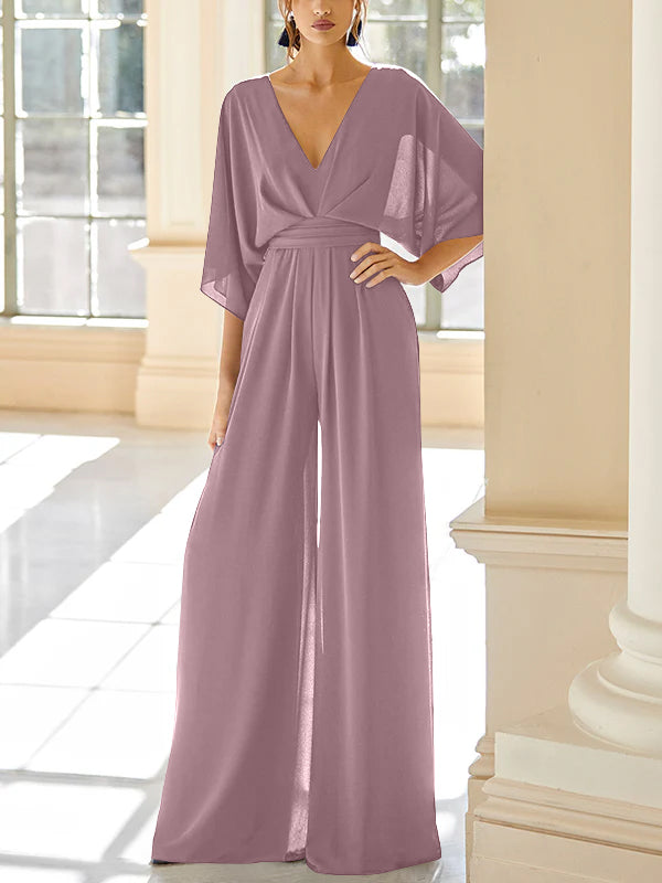 Mother of the Bride V-Neck Chiffon Pantsuit Featuring Pockets-LLELLA