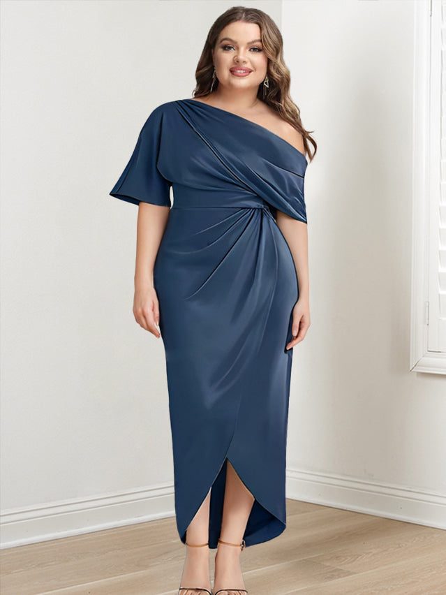 Asymmetrical One-Shoulder Short Sleeve Sheath Dress with Ruffles for the Mother of the Bride-LLELLA