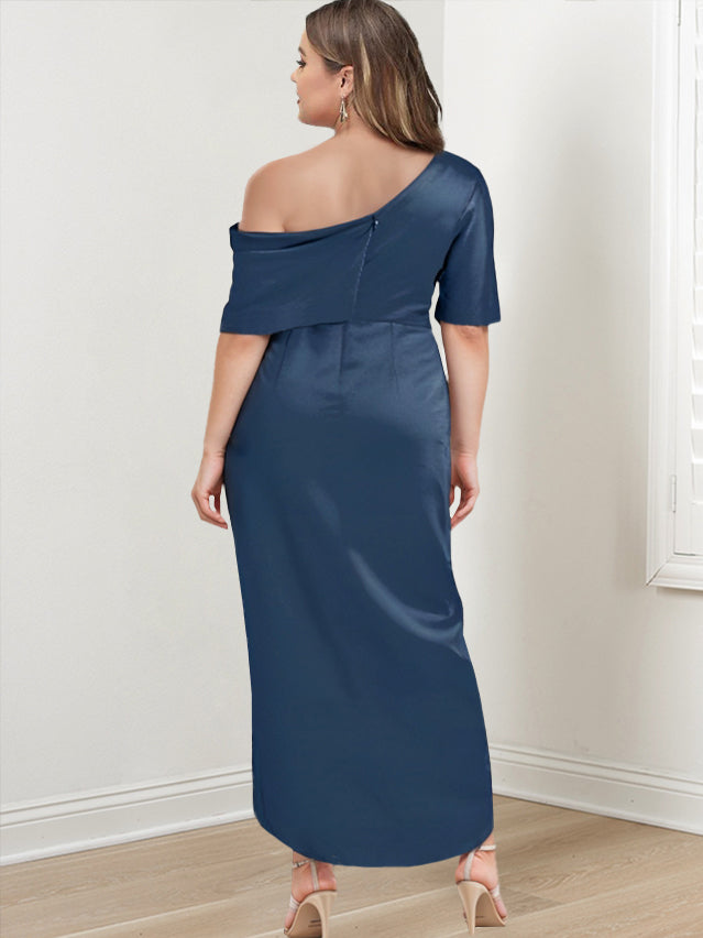 Asymmetrical One-Shoulder Short Sleeve Sheath Dress with Ruffles for the Mother of the Bride-LLELLA