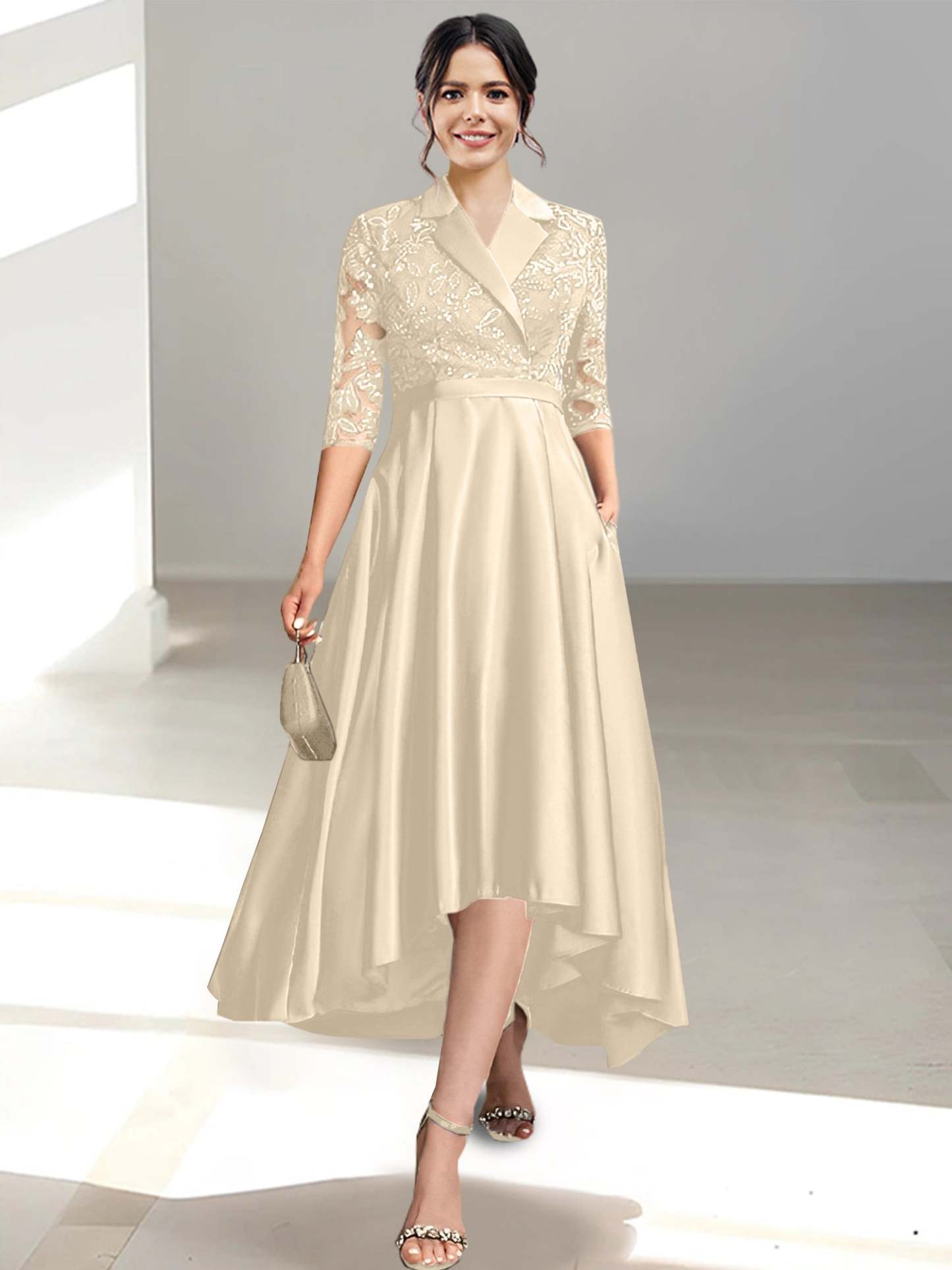 V-Neck Tea-Length Sheath/Column Dresses for the Mother of the Bride