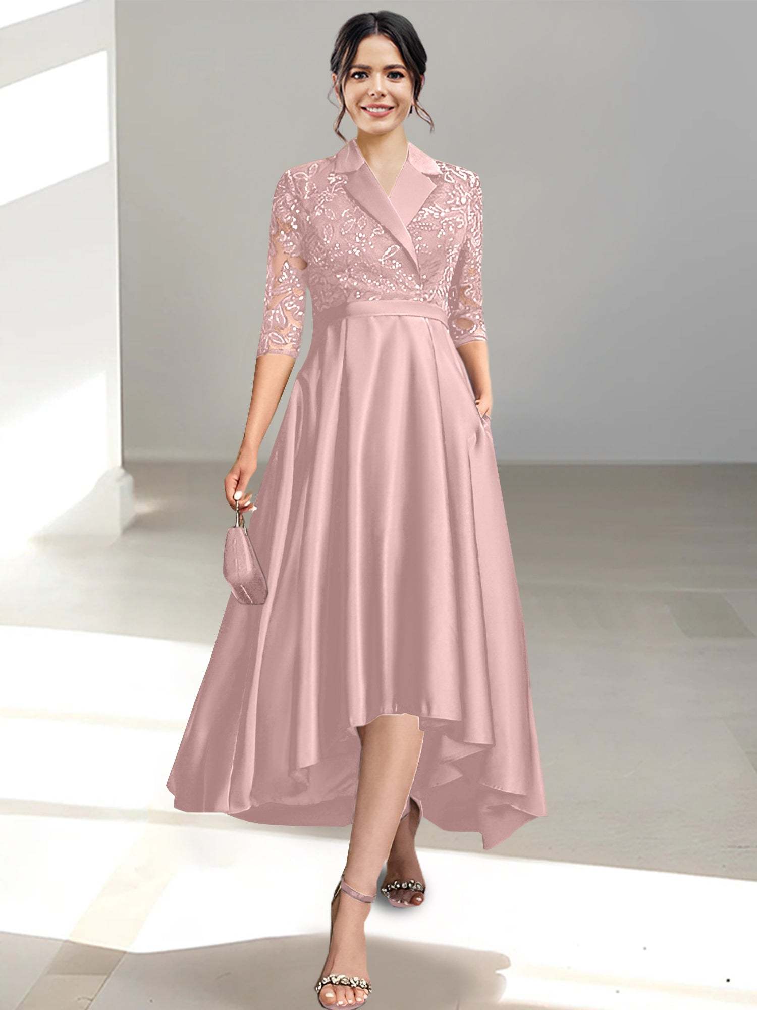 V-Neck Tea-Length Sheath/Column Dresses for the Mother of the Bride