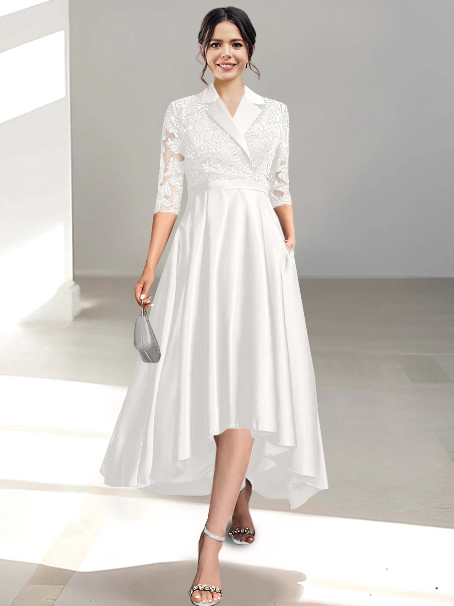 V-Neck Tea-Length Sheath/Column Dresses for the Mother of the Bride