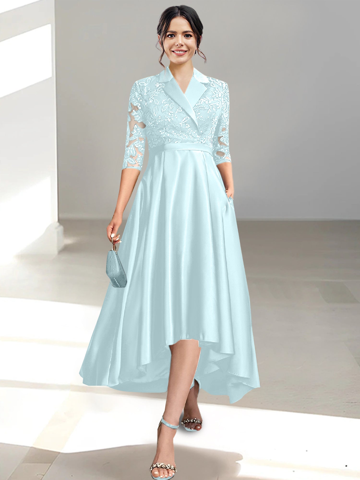 V-Neck Tea-Length Sheath/Column Dresses for the Mother of the Bride