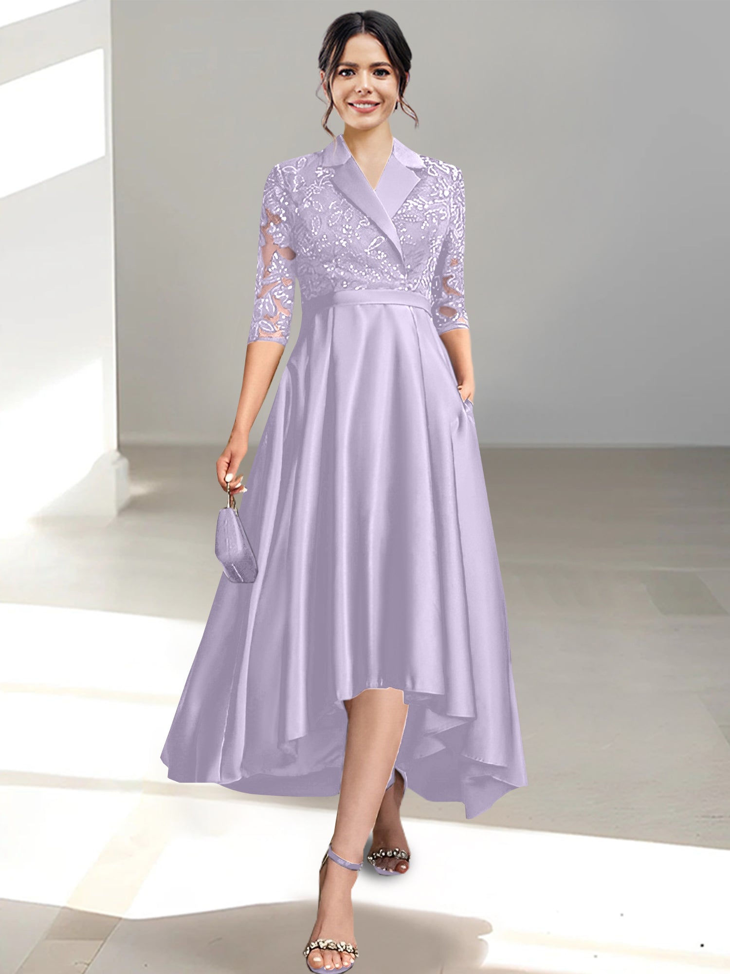 V-Neck Tea-Length Sheath/Column Dresses for the Mother of the Bride