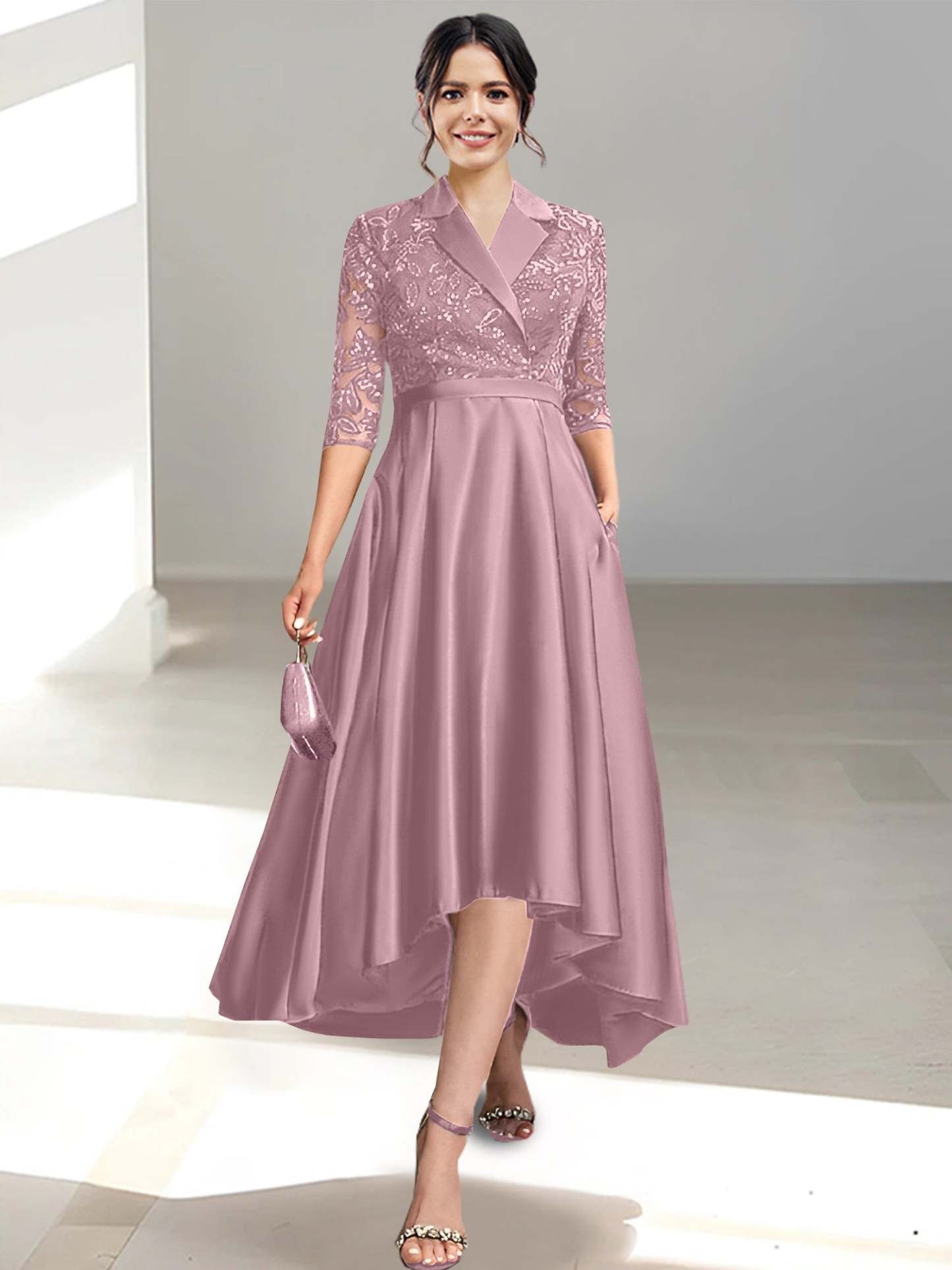 V-Neck Tea-Length Sheath/Column Dresses for the Mother of the Bride