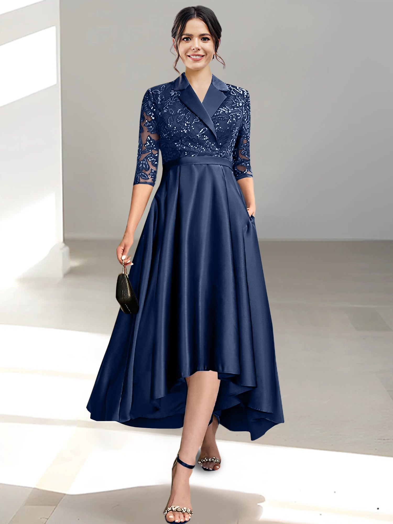 V-Neck Tea-Length Sheath/Column Dresses for the Mother of the Bride