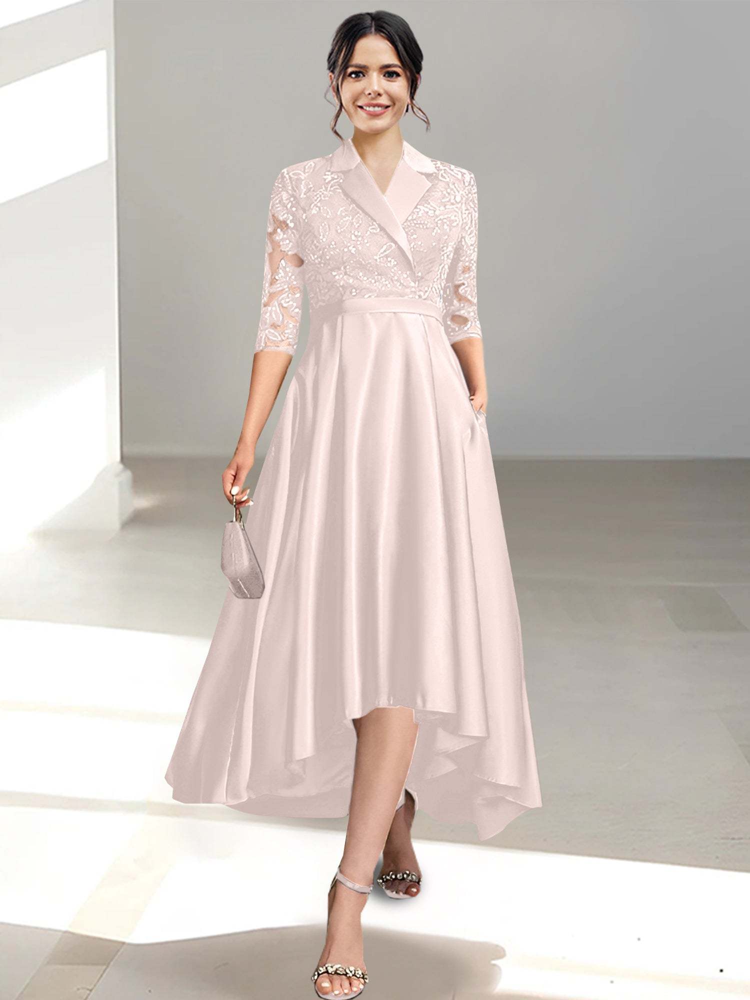 V-Neck Tea-Length Sheath/Column Dresses for the Mother of the Bride