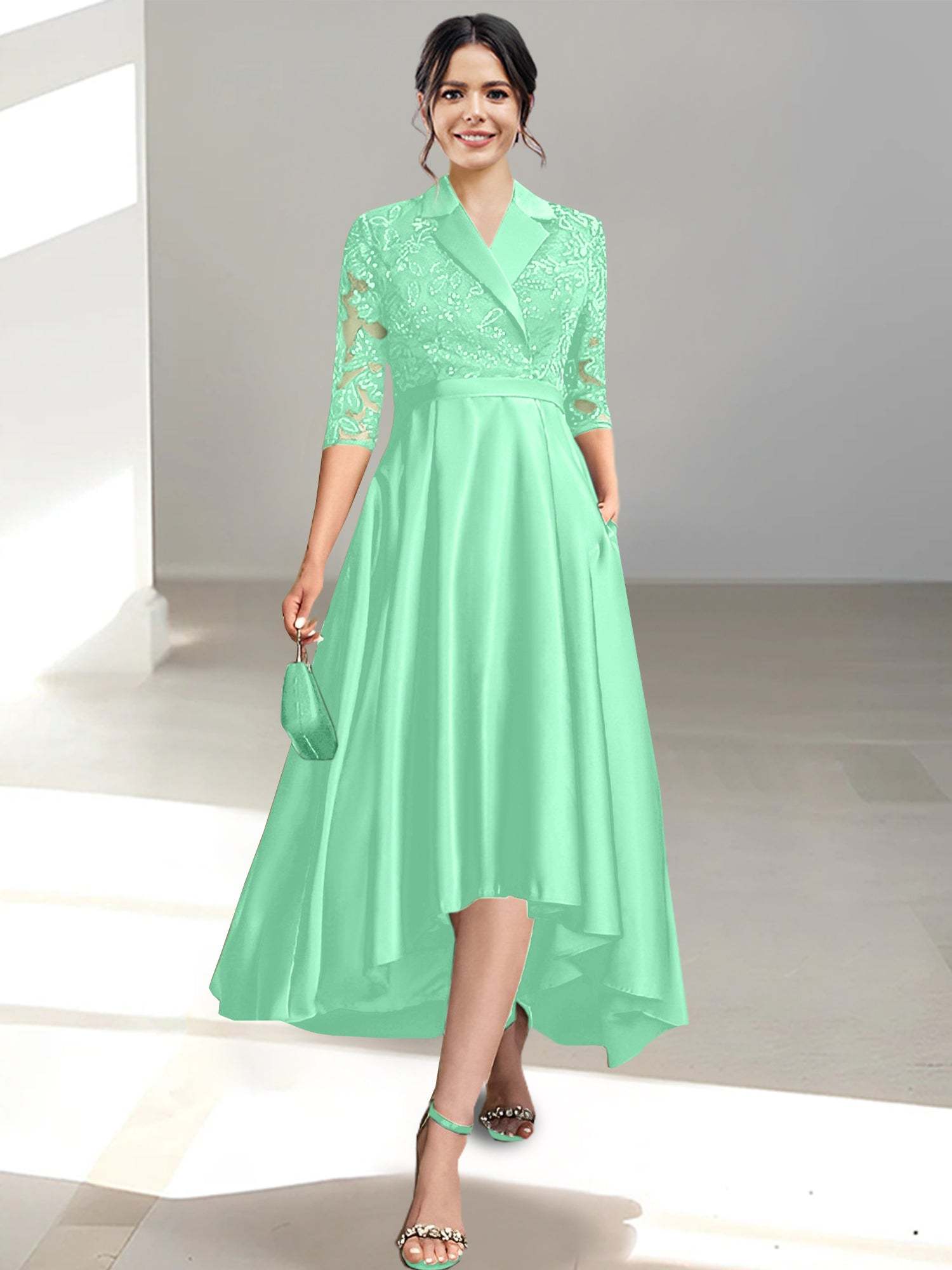 V-Neck Tea-Length Sheath/Column Dresses for the Mother of the Bride