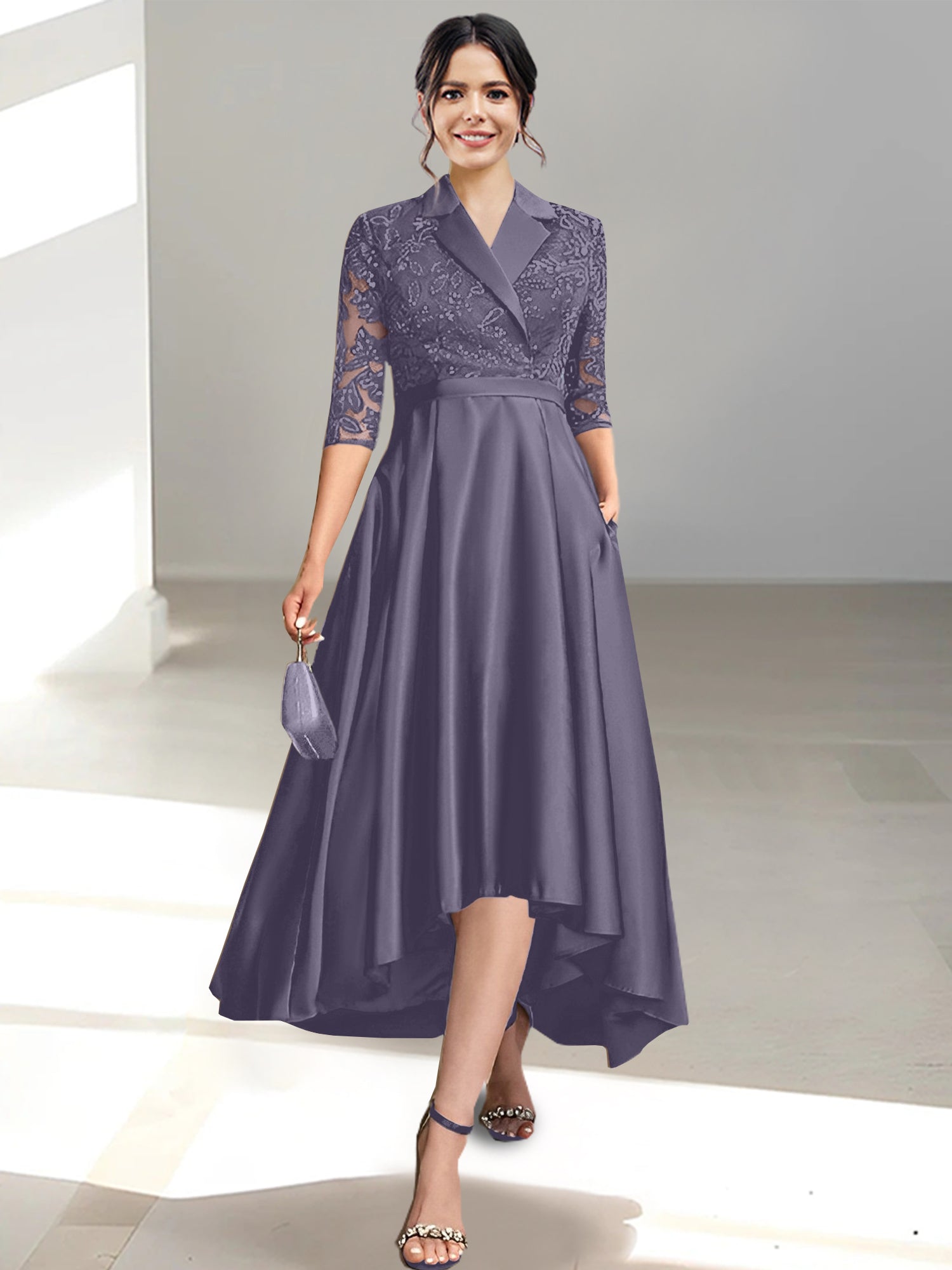 V-Neck Tea-Length Sheath/Column Dresses for the Mother of the Bride