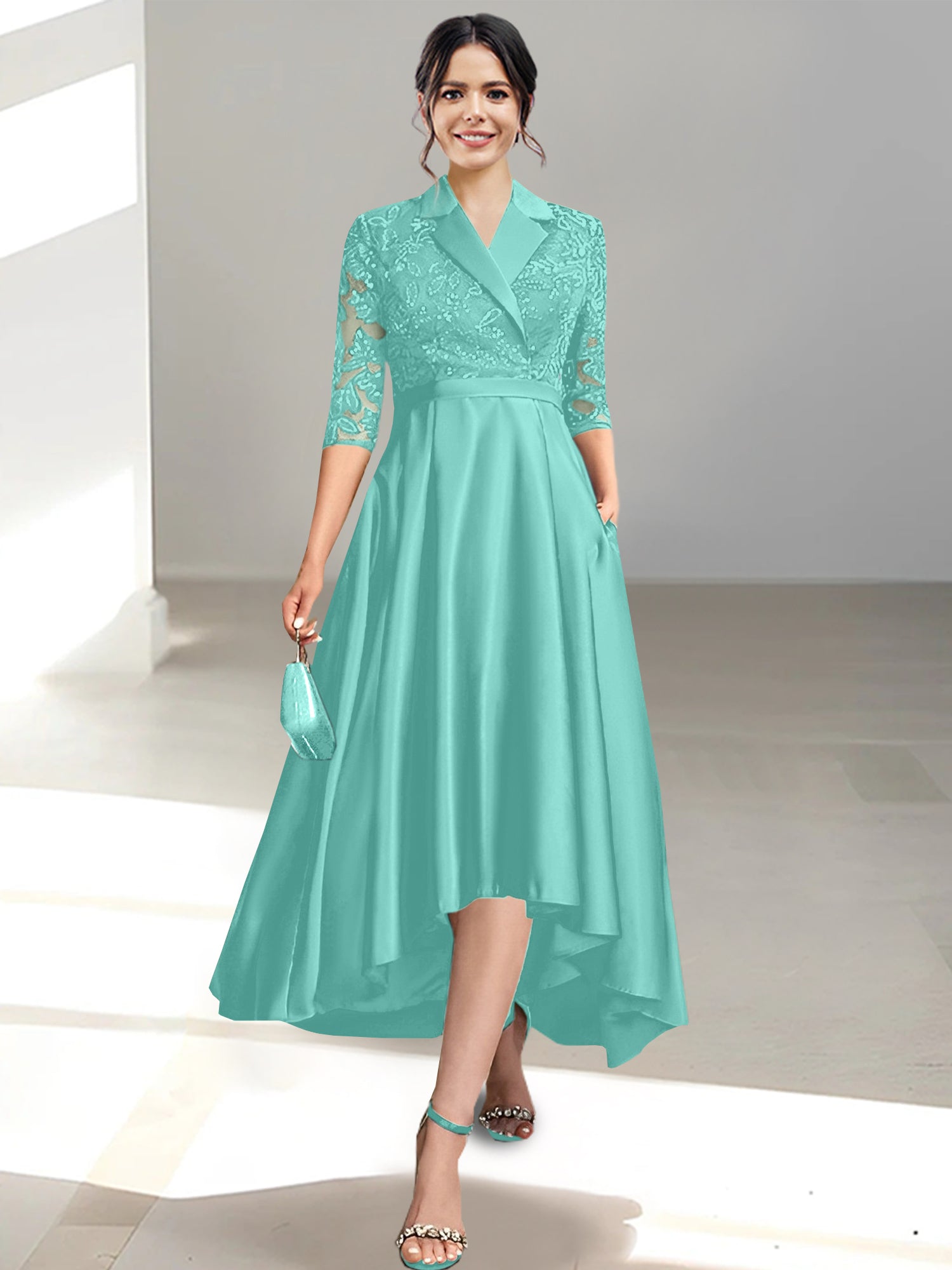 V-Neck Tea-Length Sheath/Column Dresses for the Mother of the Bride