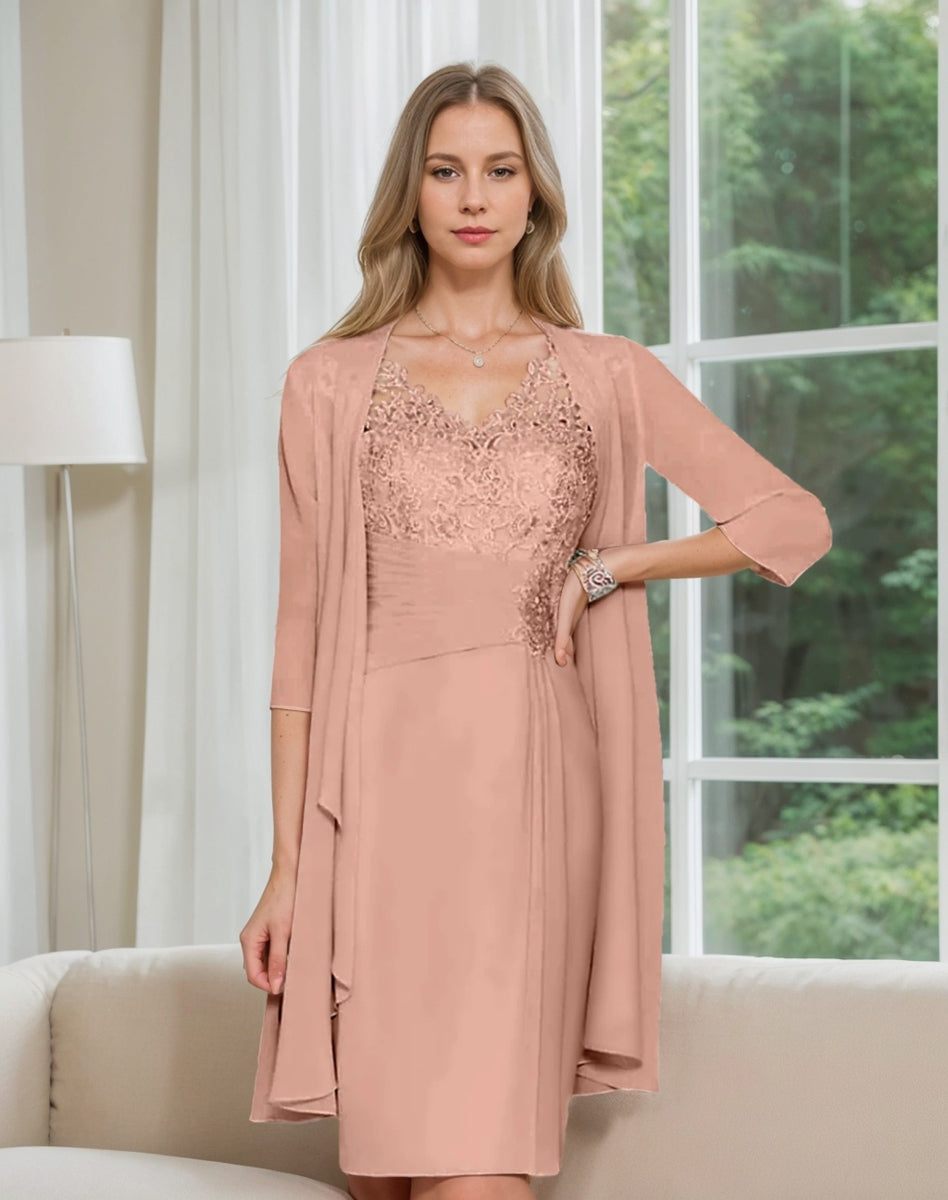 Knee-Length V-Neck Sheath/Column Mother of the Bride Dresses-LLELLA