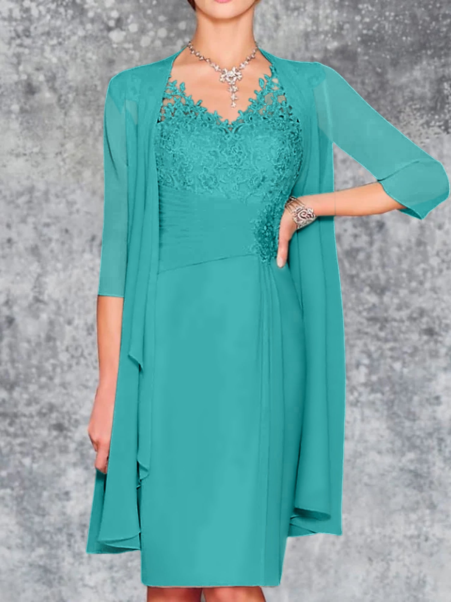 Knee-Length V-Neck Sheath/Column Mother of the Bride Dresses-LLELLA