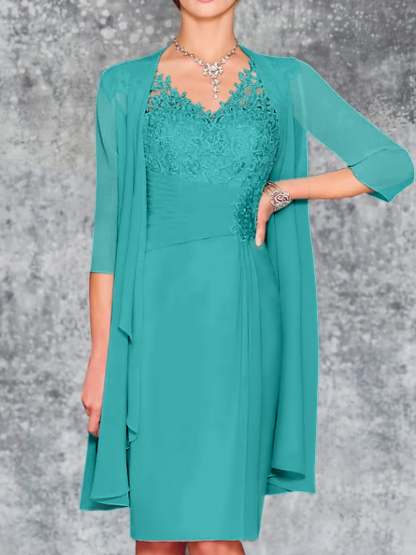 Knee-Length V-Neck Sheath/Column Mother of the Bride Dresses-LLELLA