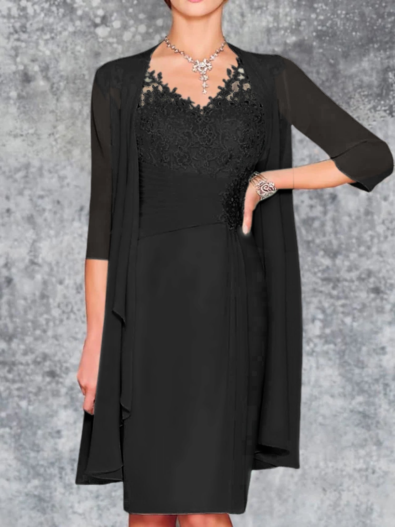 Knee-Length V-Neck Sheath/Column Mother of the Bride Dresses-LLELLA